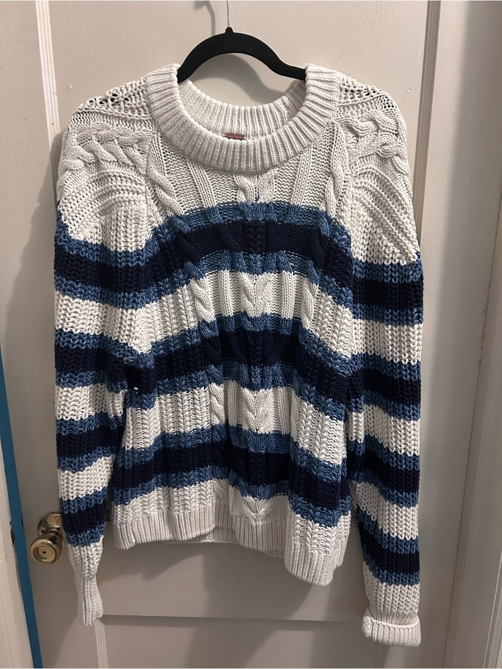 Free People White, Navy & Blue Striped Cable Chunky Crew Sweater Medium